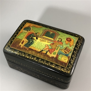 Шкатулка «Добрыня и хан Бахтияр Бахтиярович», Мстера, папье-маше, СССР, 1980-е гг. 001202 - фото 19434