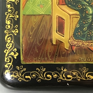 Шкатулка «Добрыня и хан Бахтияр Бахтиярович», Мстера, папье-маше, СССР, 1980-е гг. 001202 - фото 19436