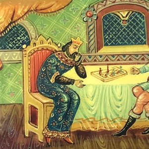 Шкатулка «Добрыня и хан Бахтияр Бахтиярович», Мстера, папье-маше, СССР, 1980-е гг. 001202 - фото 19439