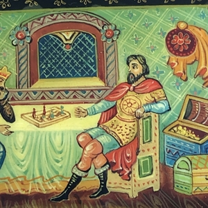 Шкатулка «Добрыня и хан Бахтияр Бахтиярович», Мстера, папье-маше, СССР, 1980-е гг. 001202 - фото 19440