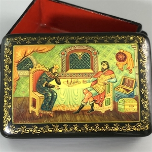 Шкатулка «Добрыня и хан Бахтияр Бахтиярович», Мстера, папье-маше, СССР, 1980-е гг. 001202 - фото 19441