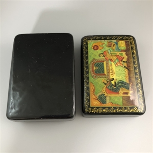 Шкатулка «Добрыня и хан Бахтияр Бахтиярович», Мстера, папье-маше, СССР, 1980-е гг. 001202 - фото 19443