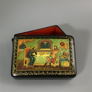 Шкатулка «Добрыня и хан Бахтияр Бахтиярович», Мстера, папье-маше, СССР, 1980-е гг. 001202 - фото 19445