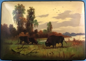 Шкатулка «Зубры», Федоскино, папье-маше, СССР, 1960-е гг. 001823