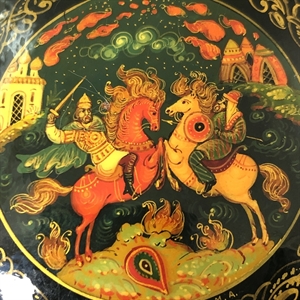 Шкатулка «Поединок», Мстера, папье-маше, СССР, 1980-е гг. 001199 - фото 19509