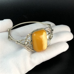 Мельхиоровый браслет с пейзажным природным янтарём, СССР, 1980-е гг. 001555 - фото 8054